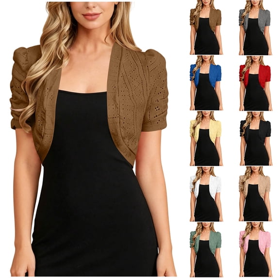Chiccall Women's Solid Cropped Eyelet Knit Cardigan Puff Ruched Short Sleeve Open Front Lightweight Cover Up Jacket for Dress Wedding Evening