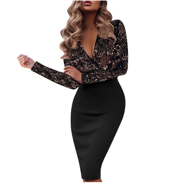 knee length dresses for ladies Zip Back Deep V Long Sleeve Cocktail Party Midi Dress