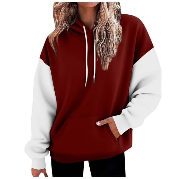 Chiccall Colorblock Hoodies for Women Fashion Casual Patchwork Hooded Drawstring Pullover Sweatshirts with Pocket