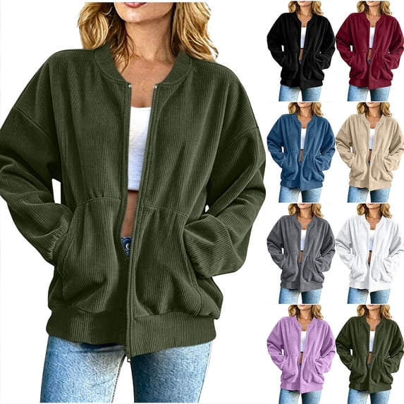 Chiccall Crew Neck Full Zip Corduroy Bomber Jacket for Women Oversized Long Sleeve Solid Casual Coat