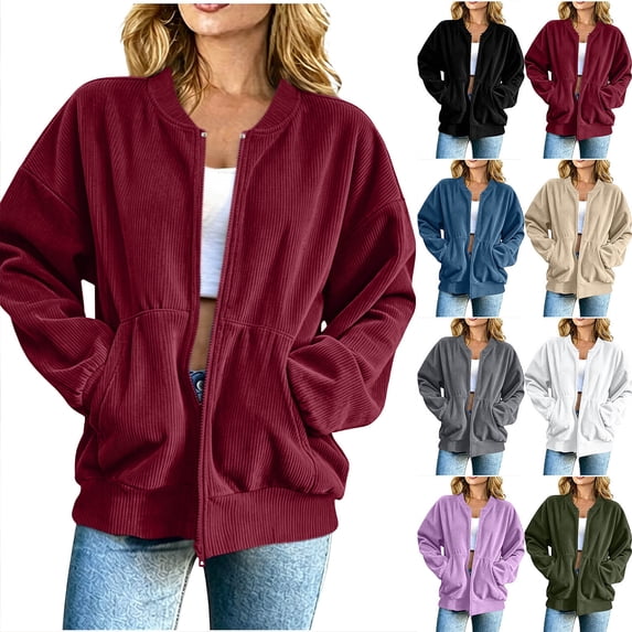 Chiccall Crew Neck Full Zip Corduroy Bomber Jacket for Women Oversized Long Sleeve Solid Casual Coat
