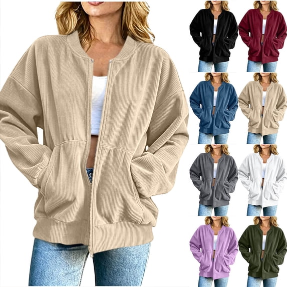 Chiccall Crew Neck Full Zip Corduroy Bomber Jacket for Women Oversized Long Sleeve Solid Casual Coat