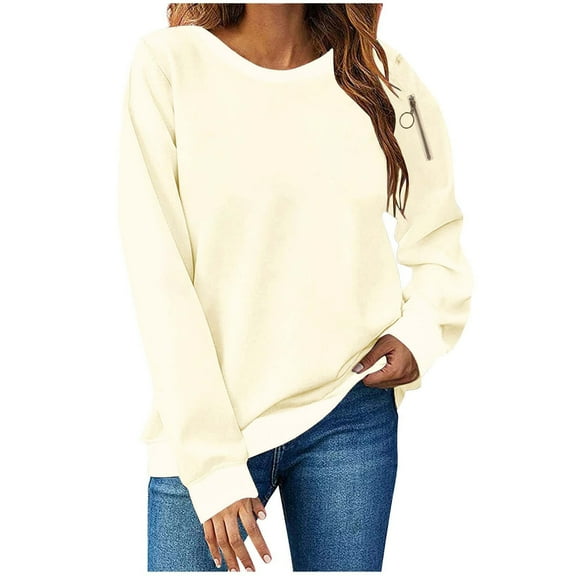 Chiccall Crew Neck Sweatshirts for Women Pullover Sweatshirts Fall Casual Loose Fit Long Sleeve Tops with Sleeve Zip Pocket