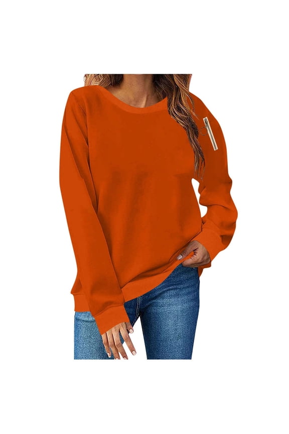 Crew Neck Sweatshirts for Women Pullover Sweatshirts Fall Casual Loose Fit Long Sleeve Tops with Sleeve Zip Pocket