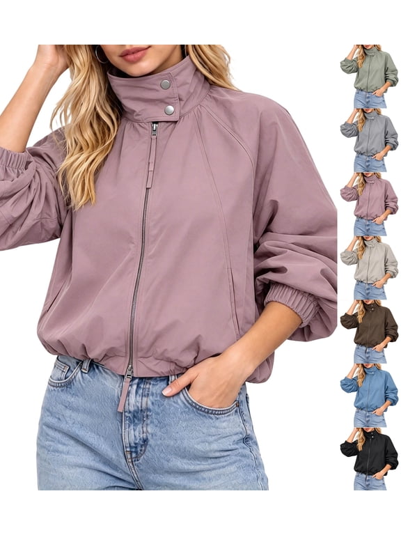 Cropped Bomber Jackets for Women Fashion Stand Collar Zip Up Outerwear Casual Long Sleeve Short Coat Pink S