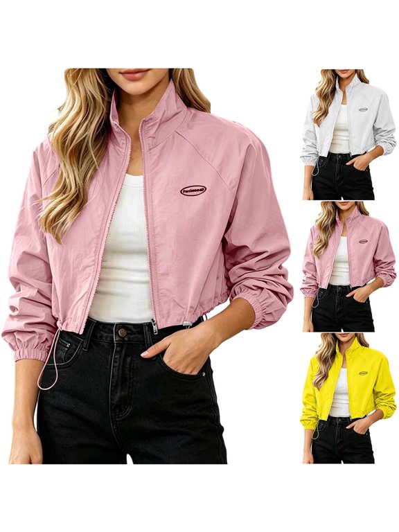 Cropped Windbreaker Jacket for Women Oversized Long Sleeve Drawstring Hem Elastic Cuff Coat Casual Lightweight Outerwear