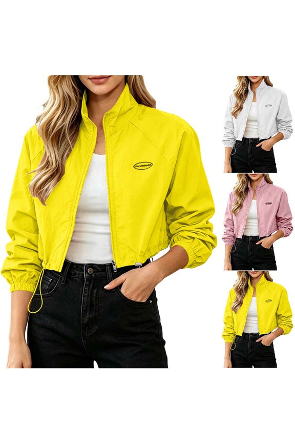 Cropped Windbreaker Jacket for Women Oversized Long Sleeve Drawstring Hem Elastic Cuff Coat Casual Lightweight Outerwear