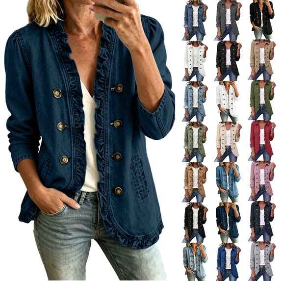 Chiccall Denim Jackets for Women Women's Classic Button Front Collared Ruffle Trim Relaxed Jean Jacket Casual Outerwear With Pockets Dark Blue XL