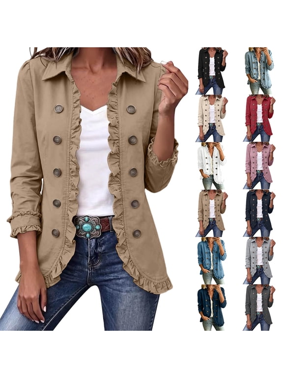 Denim Jackets for Women Women's Classic Button Front Collared Ruffle Trim Relaxed Jean Jacket Casual Outerwear With Pockets Khaki M