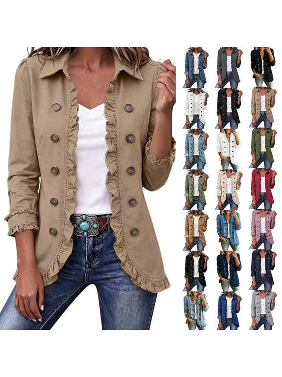 Denim Jackets for Women Women's Classic Button Front Collared Ruffle Trim Relaxed Jean Jacket Casual Outerwear With Pockets Khaki S