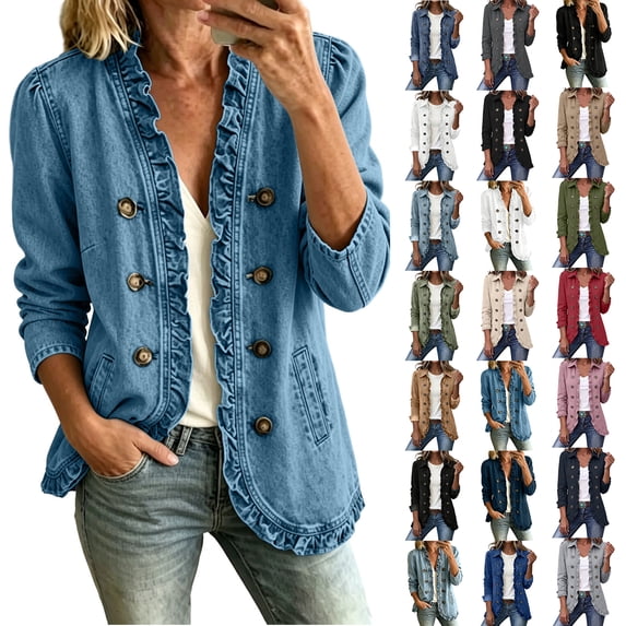 Chiccall Denim Jackets for Women Women's Classic Button Front Collared Ruffle Trim Relaxed Jean Jacket Casual Outerwear With Pockets Sky Blue 3XL