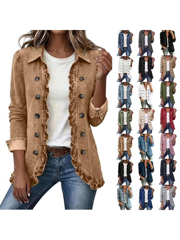 Denim Jackets for Women Women's Classic Button Front Collared Ruffle Trim Relaxed Jean Jacket Casual Outerwear With Pockets