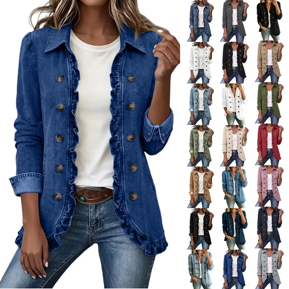 Chiccall Denim Jackets for Women Women's Classic Button Front Collared Ruffle Trim Relaxed Jean Jacket Casual Outerwear With Pockets