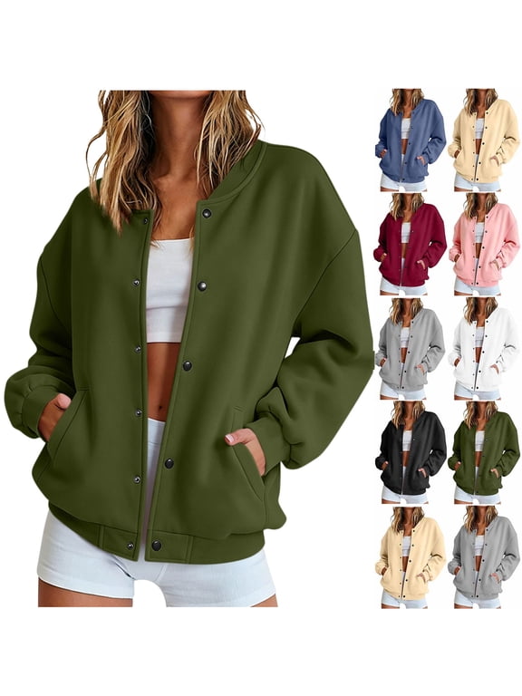 Drop Shoulder Snap Button Baseball Bomber Sweat Jacket for Women Oversized Long Sleeve Solid Loose Casual Cardigan Coat with Side Pockets