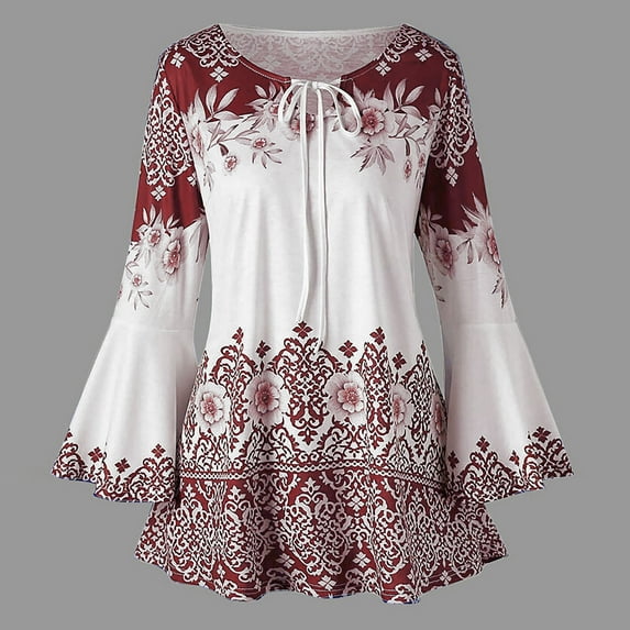 Up to 65 off!Chiccall Ethnic Plus Size Tops for Women Casual Loose Boho Floral Tunic Blouses Flare Long Sleeve Shirts Bell Sleeve Keyhole Tshirts on Clearance