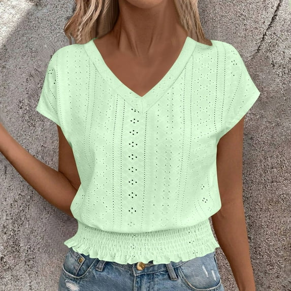 Chiccall Eyelet Tops for Women Summer V Neck Short Sleeve Smocked Shirts Casual Loose Tunic Tops Blouses Green XXL