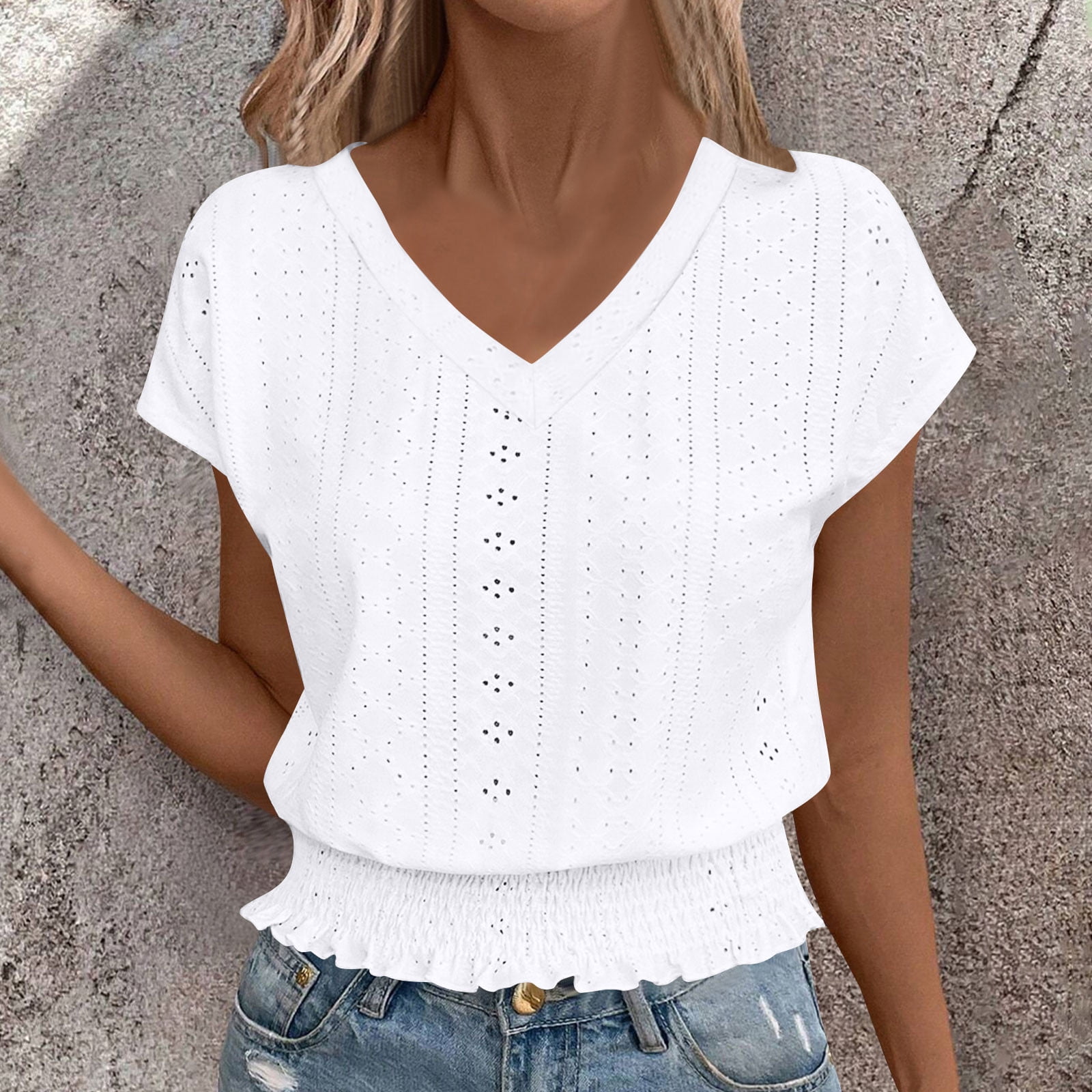 Chiccall Eyelet Tops for Women Summer V Neck Short Sleeve Smocked ...