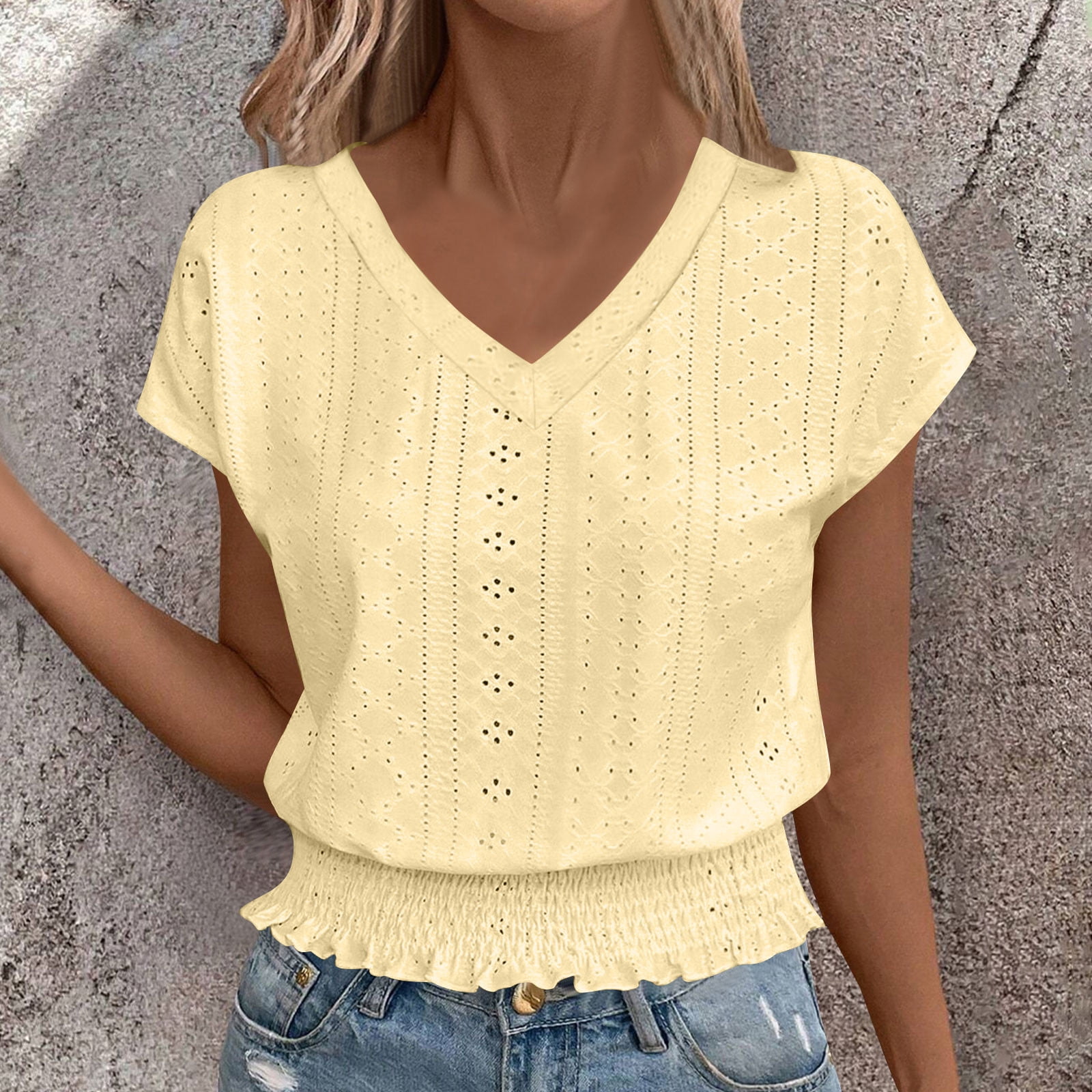 Women’s Lace V-Neck Blouse – Eyelet Smocked Long Sleeve Top For Business Casual