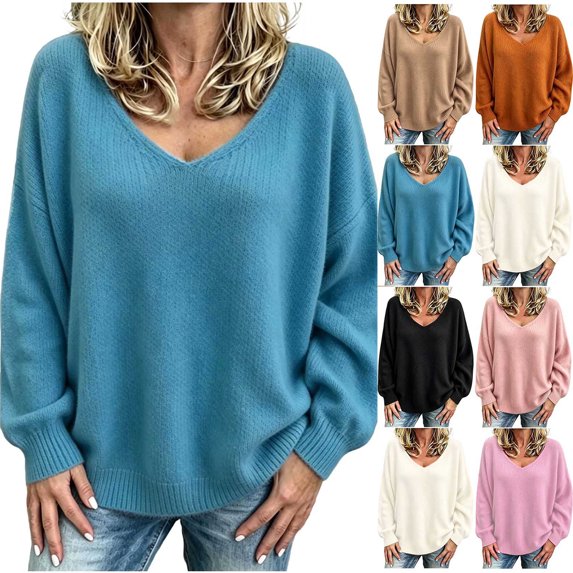 Chiccall Fall Sweaters for Women Oversized V‑Neck Long Sleeve Knit Pullover Top Winter Fashion Lantern Sleeve Solid Sweater