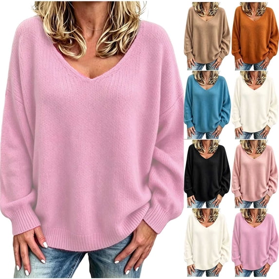 Chiccall Fall Sweaters for Women Oversized V‑Neck Long Sleeve Knit Pullover Top Winter Fashion Lantern Sleeve Solid Sweater