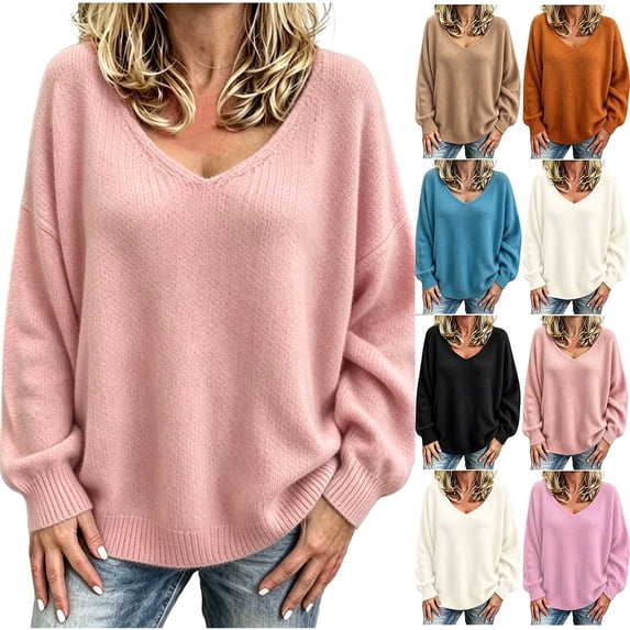 Chiccall Fall Sweaters for Women Oversized V‑Neck Long Sleeve Knit Pullover Top Winter Fashion Lantern Sleeve Solid Sweater