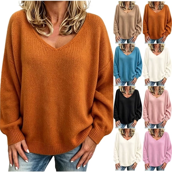 Chiccall Fall Sweaters for Women Oversized V‑Neck Long Sleeve Knit Pullover Top Winter Fashion Lantern Sleeve Solid Sweater