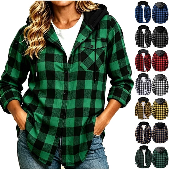 Chiccall Fashion Long Sleeve Hooded Plaid Shirt for Women Fall Fashion Casual Pocketed Button Down Shacket