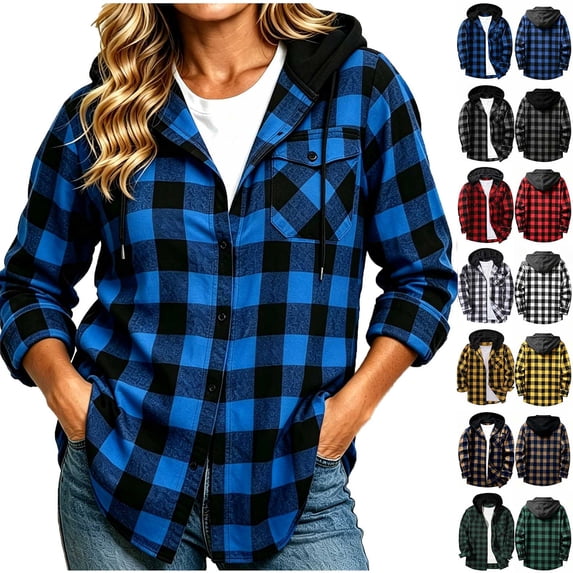 Chiccall Fashion Long Sleeve Hooded Plaid Shirt for Women Fall Fashion Casual Pocketed Button Down Shacket