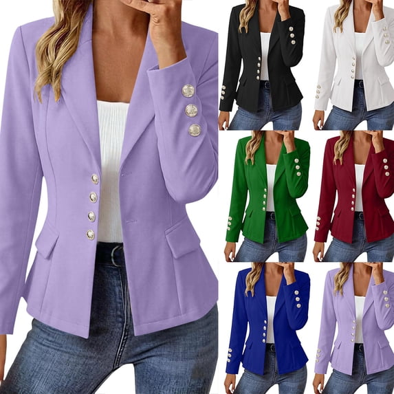 Chiccall Fitted Waist Long Sleeve Blazer Jacket for Women Solid Notched Collar Button Open Front Peplum Suit Coat with Pockets