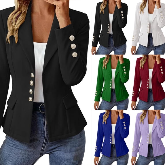 Chiccall Fitted Waist Long Sleeve Blazer Jacket for Women Solid Notched Collar Button Open Front Peplum Suit Coat with Pockets