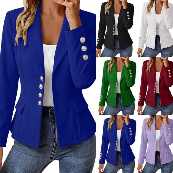 Chiccall Fitted Waist Long Sleeve Blazer Jacket for Women Solid Notched Collar Button Open Front Peplum Suit Coat with Pockets