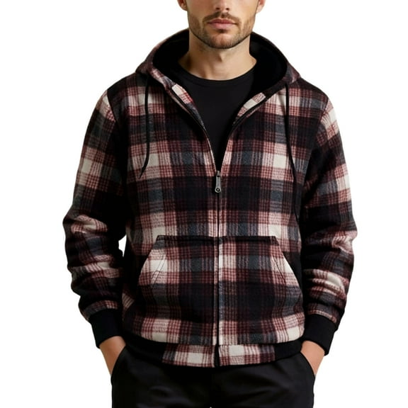 Chiccall Flannel Hoodies for Men Fleece Lined Zip Up Hooded Sweatshirt Winter Warm Comfy Plaid Coats with Pockets