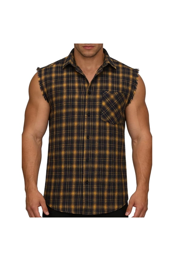 Flannel Plaid Sleeveless Shirts for Men Casual Button Down Western Muscle Vest with Pocket