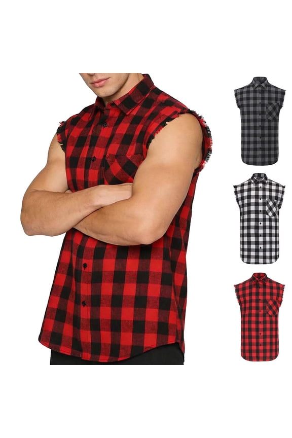 Flannel Plaid Sleeveless Shirts for Men Casual Button Down Western Muscle Vest with Pocket