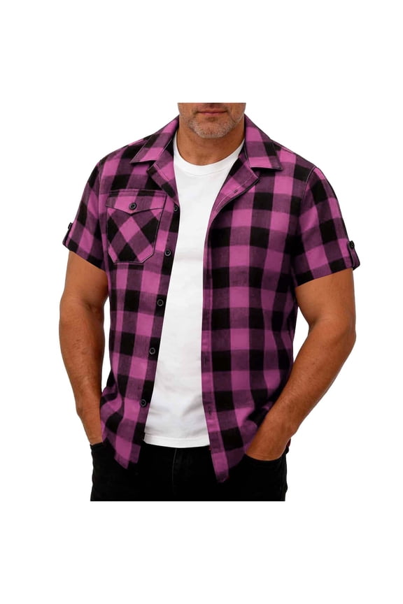 Flannel Shirts for Men Short Sleeve Plaid Button Down Shirt with Breasted Pocket