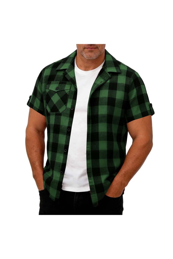 Flannel Shirts for Men Short Sleeve Plaid Button Down Shirt with Breasted Pocket