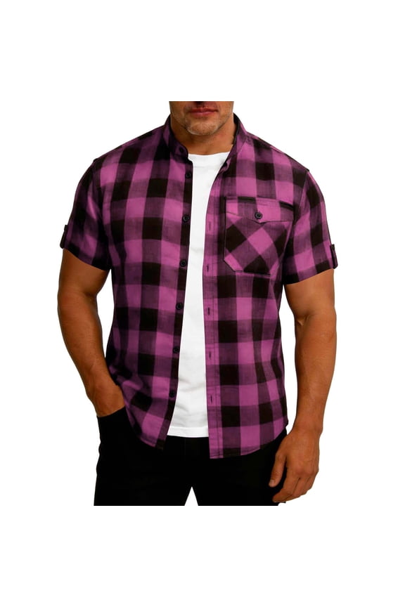 Flannel Shirts for Men Short Sleeve Plaid Button Down Stand Collar Shirt with Breasted Pocket