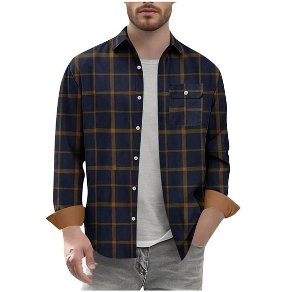 Chiccall Flannel Shirts for Men Vinatge Casual Plaid Colorblock Long Sleeve Lapel Button Down Shirts with Breasted Pocket