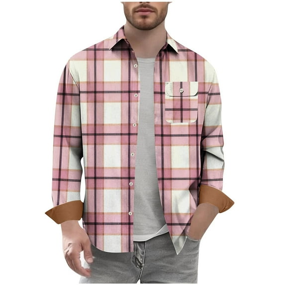 Chiccall Flannel Shirts for Men Vinatge Casual Plaid Colorblock Long Sleeve Lapel Button Down Shirts with Breasted Pocket