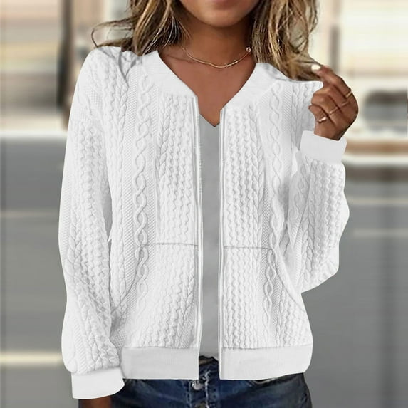 Chiccall Full Zip Up Knit Sweatshirts for Women Casual Outfits Cardigan Outerwear Trendy Winter Jackets Coat White XXL