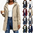 thumbnail image 1 of Chiccall Fully Lined Mid Length Windbreaker Jacket for Women Drawstring Hood and Back Waist Zip Snap Closure Long Sleeve Coat with Elastic Cuffs & Side Pockets, 1 of 7