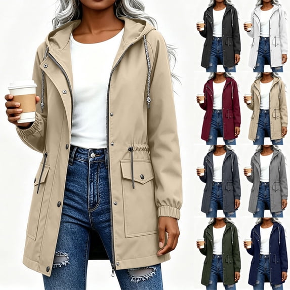 Chiccall Fully Lined Mid Length Windbreaker Jacket for Women Drawstring Hood and Back Waist Zip Snap Closure Long Sleeve Coat with Elastic Cuffs & Side Pockets