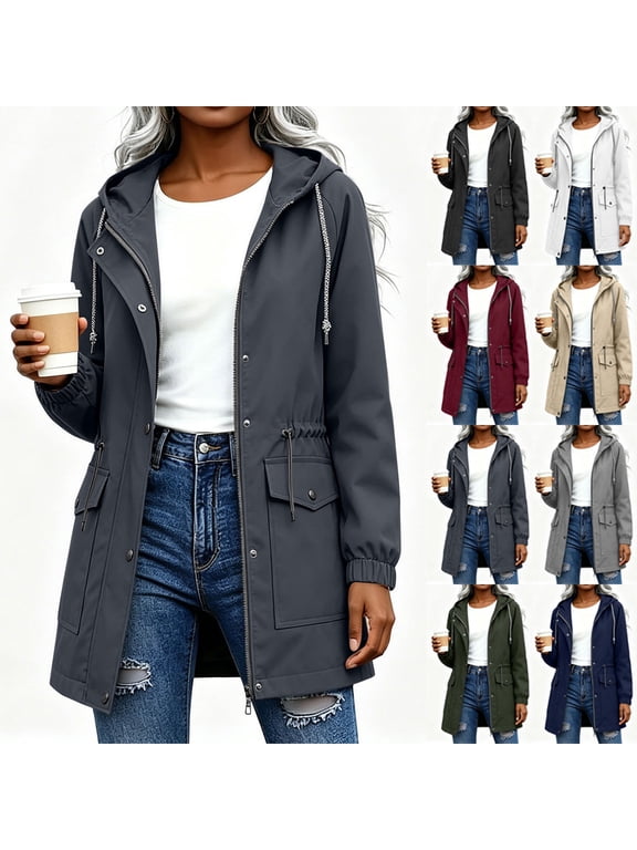 Fully Lined Mid Length Windbreaker Jacket for Women Drawstring Hood and Back Waist Zip Snap Closure Long Sleeve Coat with Elastic Cuffs & Side Pockets