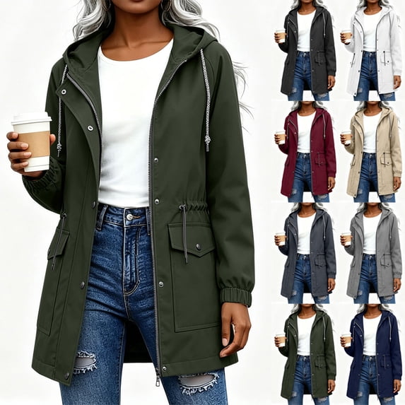 Chiccall Fully Lined Mid Length Windbreaker Jacket for Women Drawstring Hood and Back Waist Zip Snap Closure Long Sleeve Coat with Elastic Cuffs & Side Pockets