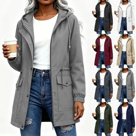 Chiccall Fully Lined Mid Length Windbreaker Jacket for Women Drawstring Hood and Back Waist Zip Snap Closure Long Sleeve Coat with Elastic Cuffs & Side Pockets