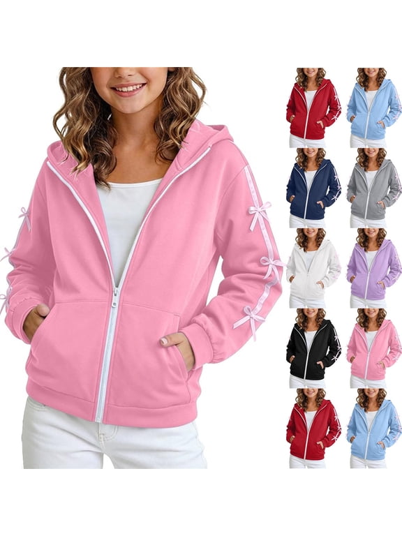 Girls Bows Zip Up Hoodies Drawstring Pocket Loose Soft Daily Sweatshirt School Walking Street Outdoor Holiday Hooded Zip Jacket for Kids