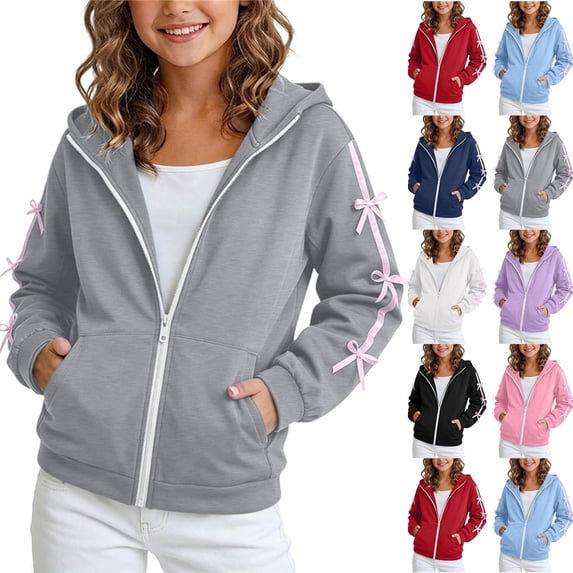 Chiccall Girls Bows Zip Up Hoodies Drawstring Pocket Loose Soft Daily Sweatshirt School Walking Street Outdoor Holiday Hooded Zip Jacket for Kids