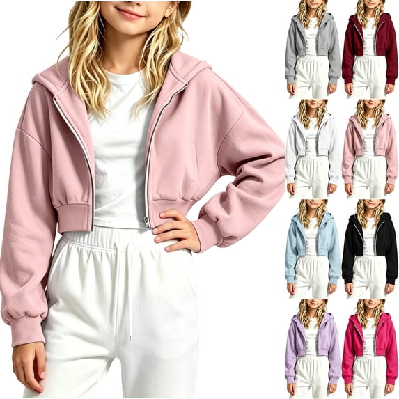Chiccall Girls Cropped Zip Up Hoodies Long Sleeve Soft Daily School Walking Street Outdoor Holiday Hooded Zip Jacket for Kids