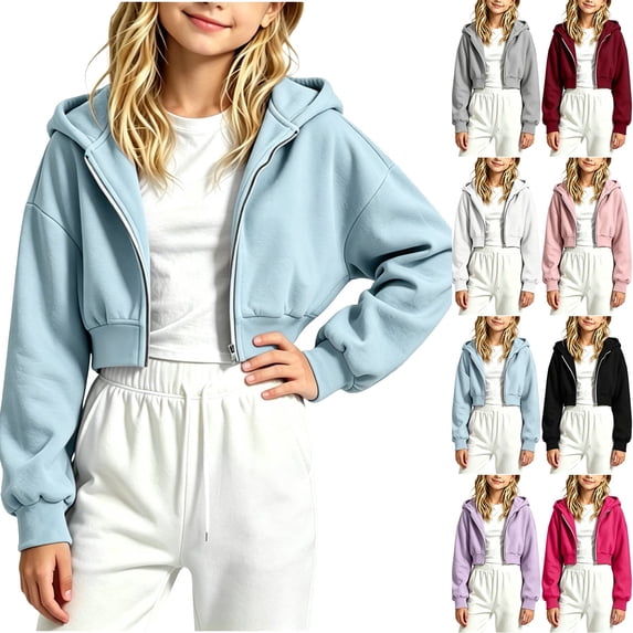 Chiccall Girls Cropped Zip Up Hoodies Long Sleeve Soft Daily School Walking Street Outdoor Holiday Hooded Zip Jacket for Kids