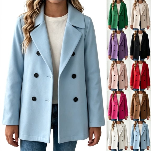 Chiccall Girls Double Breasted Trench Coat Kids Classic Notch Lapel Long Sleeve Button Up Short Peacoat Fall Winter Fashion Outerwear Jacket Light Blue 140